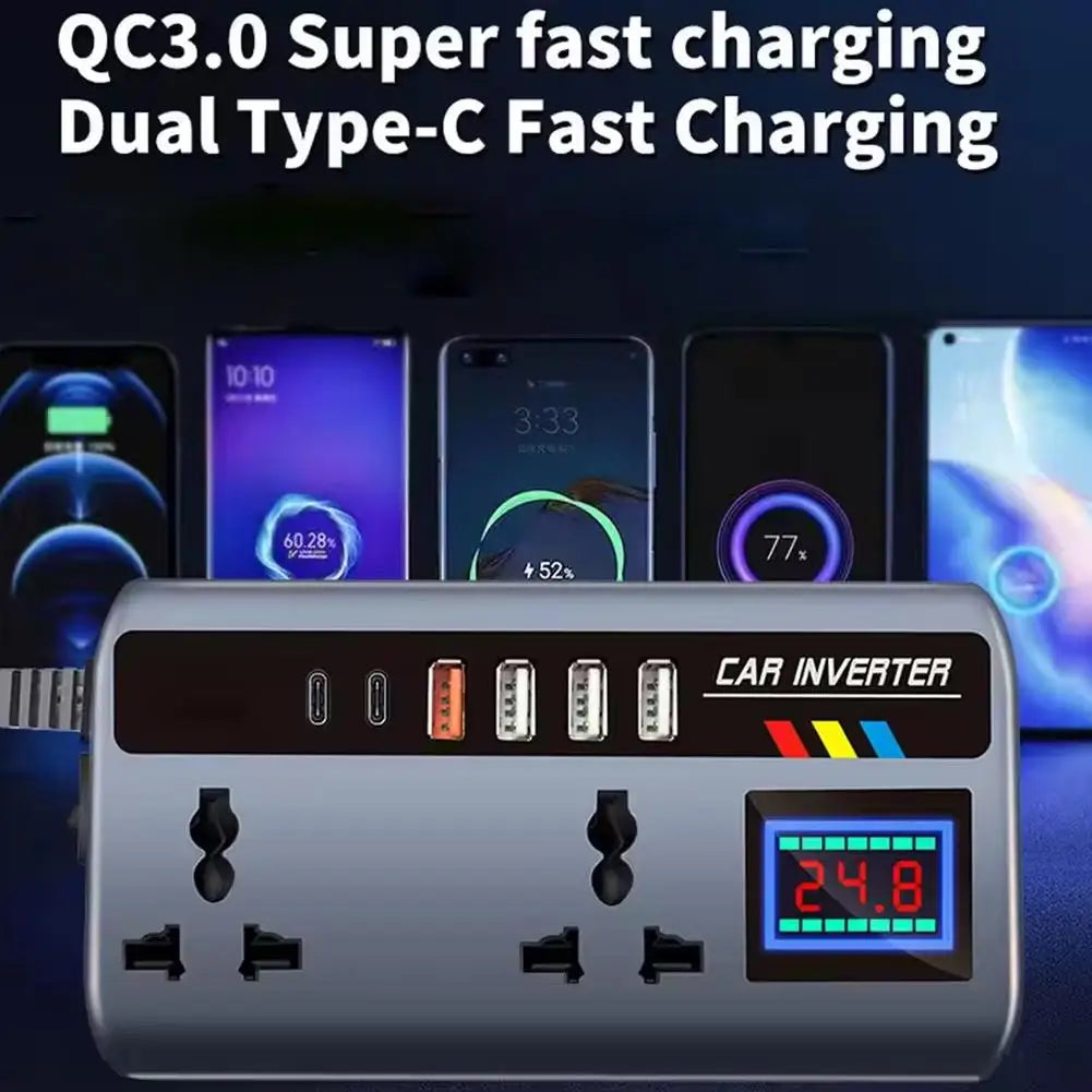 Portable Car Inverter Converter Fast Charging Ports Automotive Charger 12V/24V To 220V Inverter 3 USB Ports Vehicle Accessories