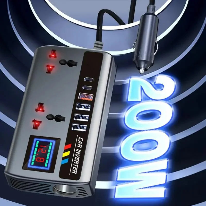 Car Inverter 12V/24V to 220V, PD, QC3.0, 4 USB Ports, Universal Outlet, Fast Charging Adapter