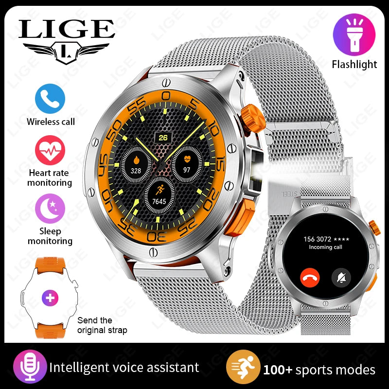 LIGE Fashion Smart Watch for Men Voice Assistant Bluetooth Call Heart Rate and Fitness Tracker IP68 Waterproof