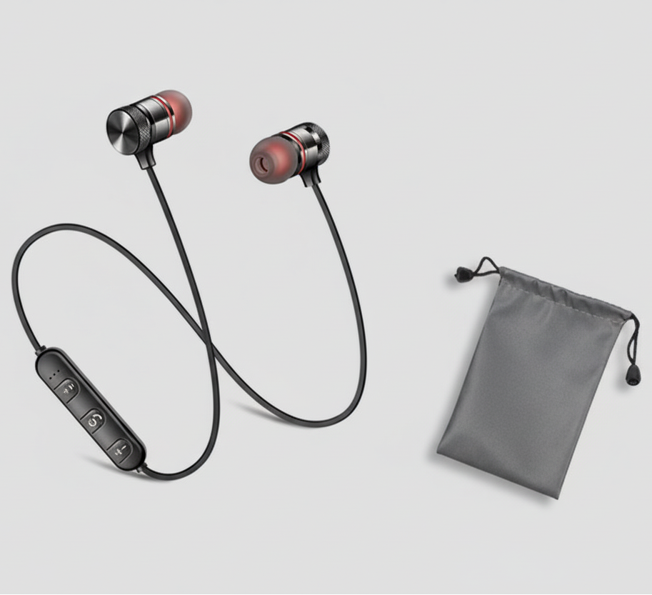 Wireless earbuds with a charging case on a light gray background