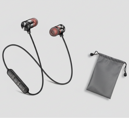 Wireless earbuds with a charging case on a light gray background
