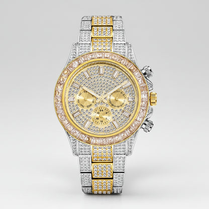 Luxury gold watch with diamond-studded band on a white background