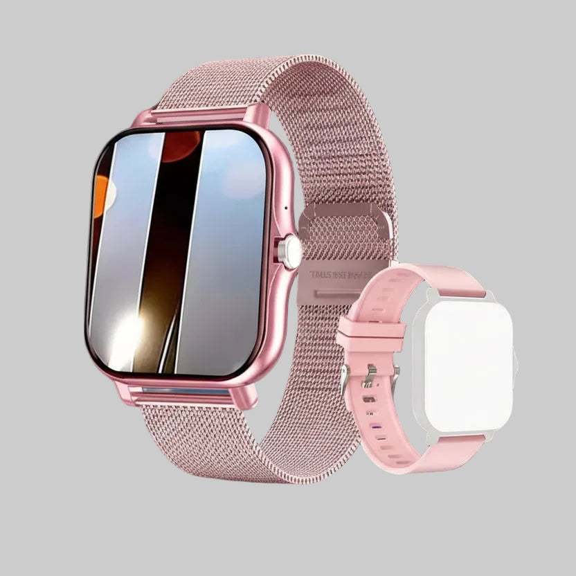 Rose gold smartwatch with mesh band on a pink background