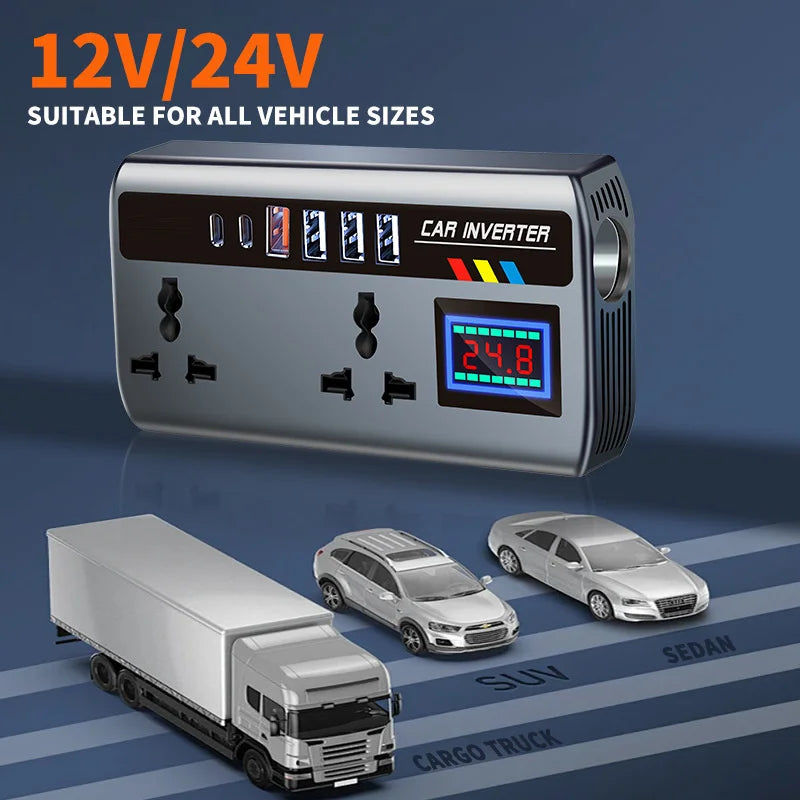Car Inverter 12V/24V to 220V, PD, QC3.0, 4 USB Ports, Universal Outlet, Fast Charging Adapter