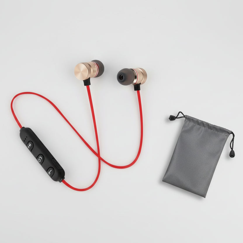 Wireless earbuds with red cable and gray pouch on a white background