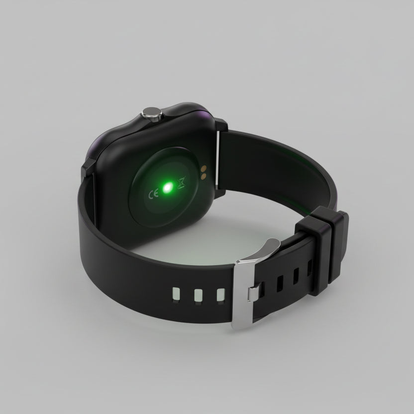 Smartwatch with heart rate monitoring feature on a white background