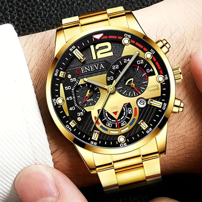 Luxury Men’s Business Quartz Watch & Jewelry Set. 4-Piece Gold Roman Dial Gift Set