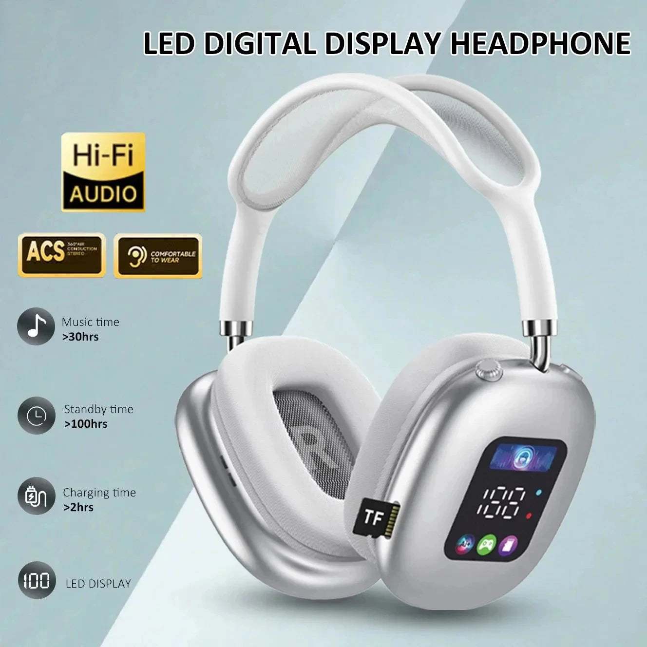 Wireless Bluetooth Earphones with RGB Digital Display and Card Reader
