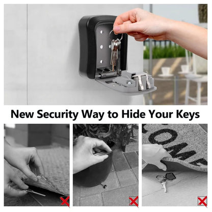 Key security device with keys being inserted, followed by black and white images of alternative key storage methods.