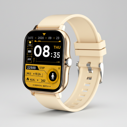 Smartwatch with a beige strap on a white background