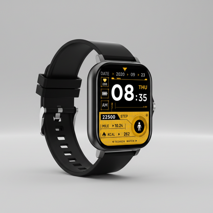 Smartwatch with a black strap on a white background