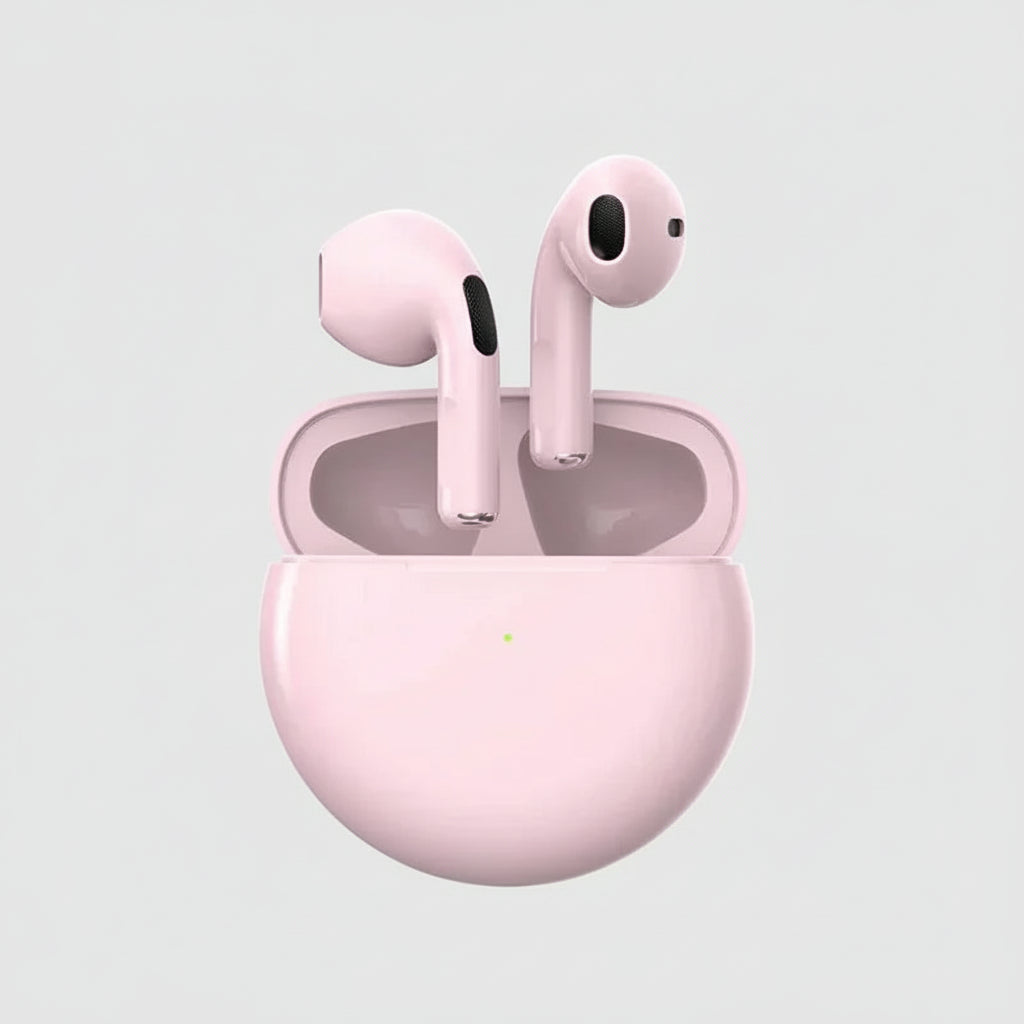 Pink wireless earbuds with charging case on a white background