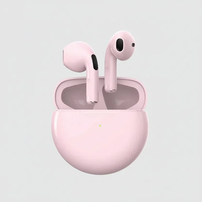 Pink wireless earbuds with charging case on a white background
