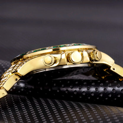 Close-up of a gold watch with gemstones on a black textured background