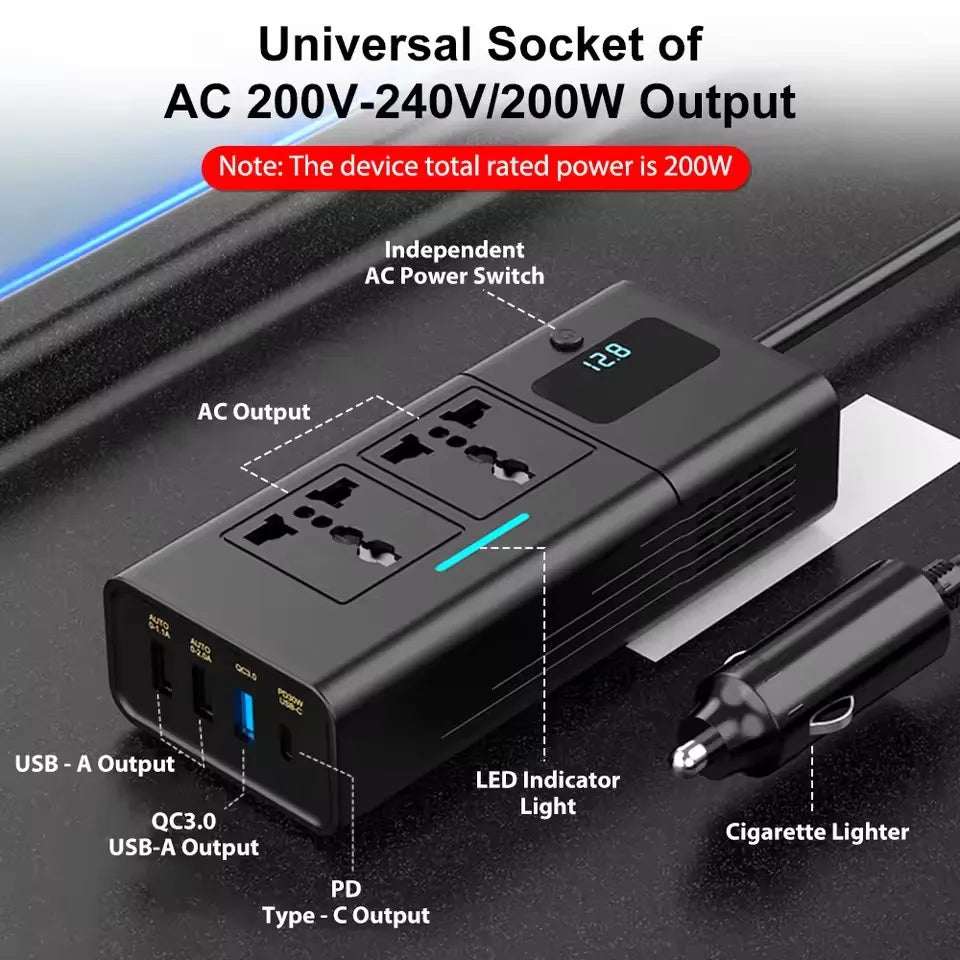 Car 220v Inverter 12 to 220 Voltage Power Converter 200W for 12V Vehicles