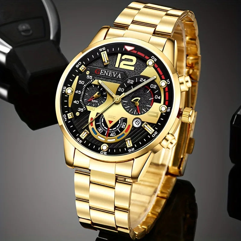 Luxury Men’s Business Quartz Watch & Jewelry Set. 4-Piece Gold Roman Dial Gift Set