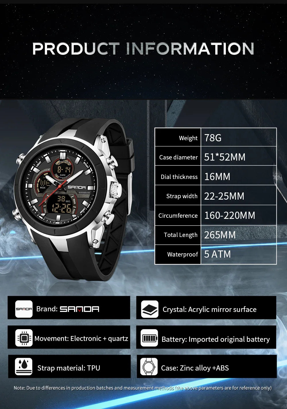 SANDA 6279 Men’s Sports Watch Dual Display, Luminous, Waterproof & Shock Resistant