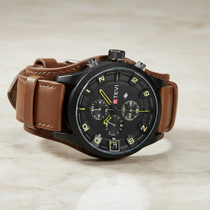 UTHAI BK94 Blue Glass Men’s Quartz Watch – Large Dial, Leather Strap, Trendy European Style