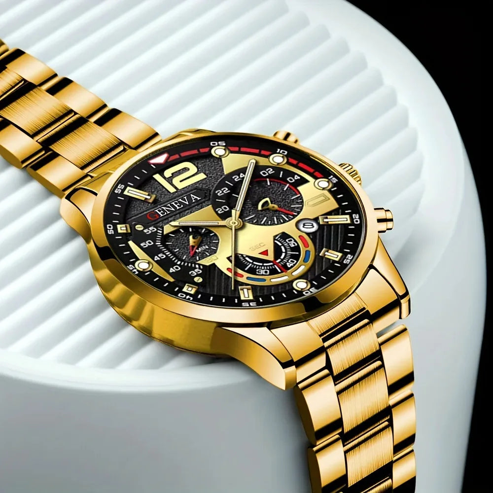 Luxury Men’s Business Quartz Watch & Jewelry Set. 4-Piece Gold Roman Dial Gift Set