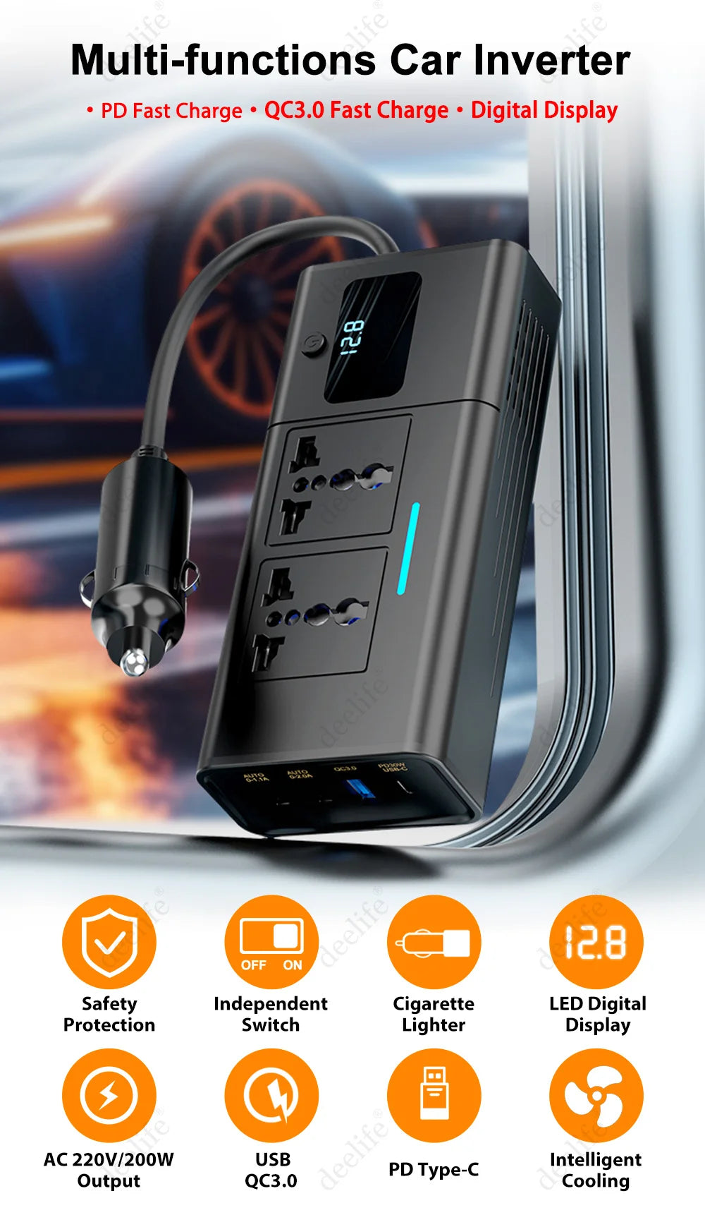 Car 220v Inverter 12 to 220 Voltage Power Converter 200W for 12V Vehicles