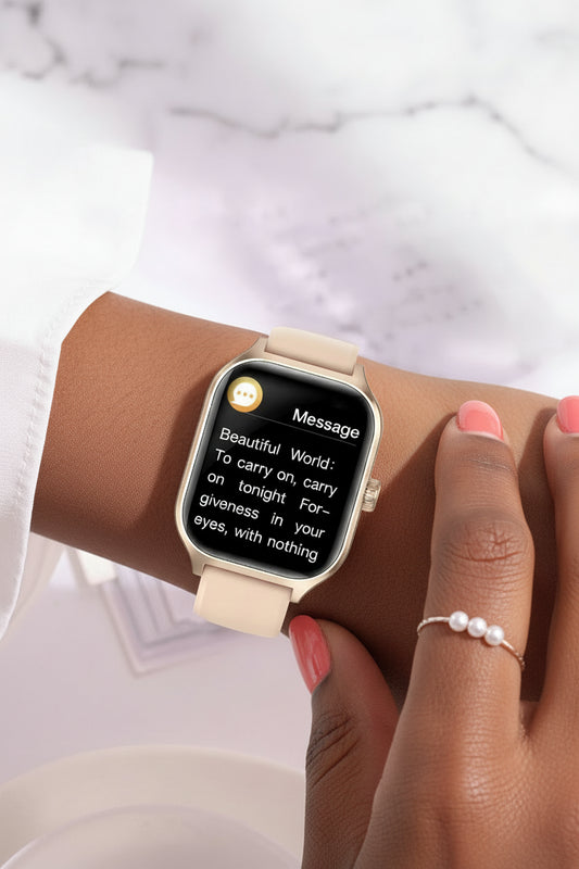 Smartwatch displaying messages on a white background with text about its features.