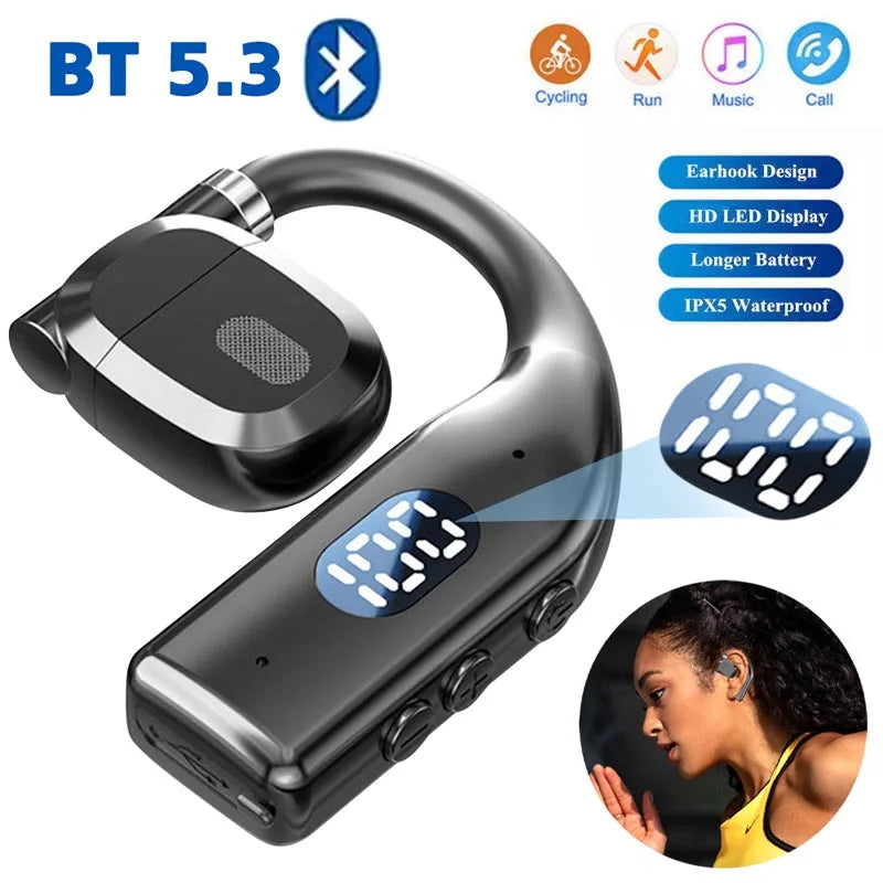 Bluetooth 5.3 Wireless Headphone 180° Rotation Business Headset With Mic LED Display Ear-hook Touch Control Sports Hifi Earphone
