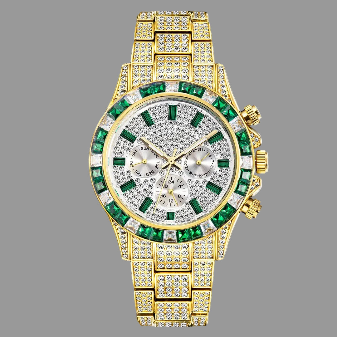 Luxury gold watch with green gemstones on a white background