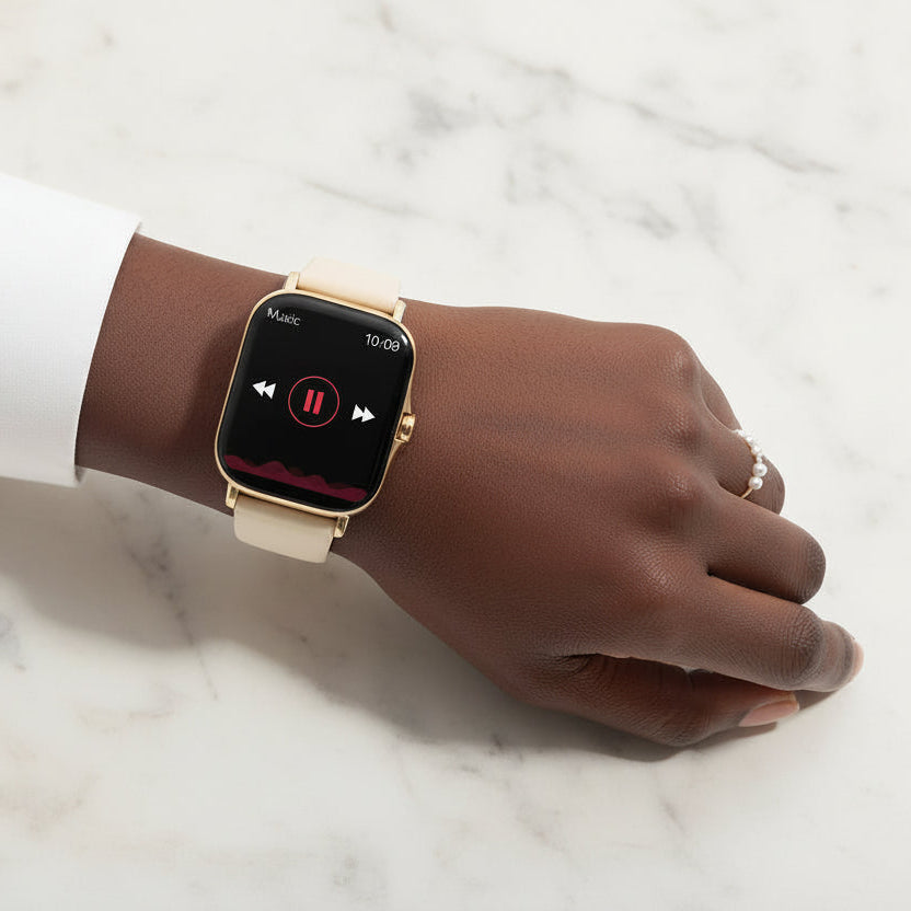 Smartwatch with music playback interface on a white background