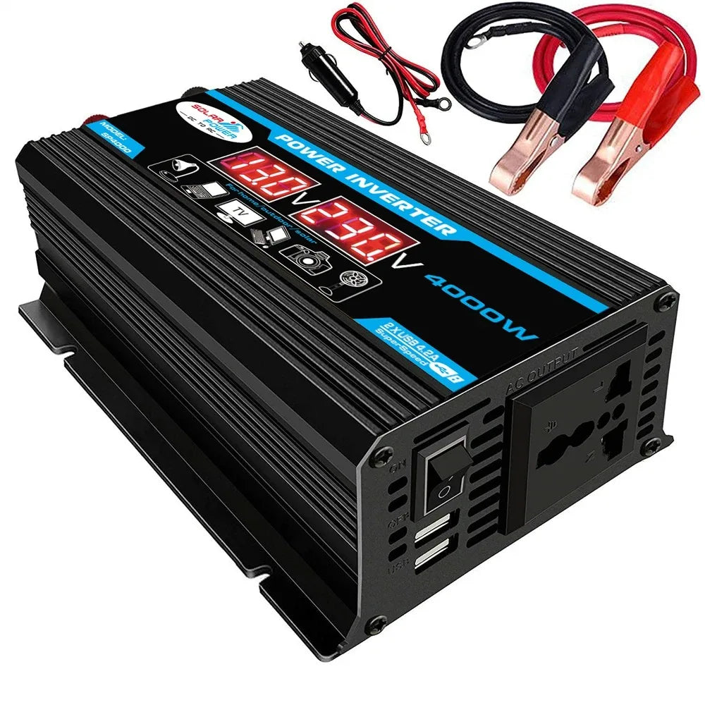FUYUN 4000W Power Inverter 12V to 220V, Dual LCD, Universal Socket, USB Fast Charging