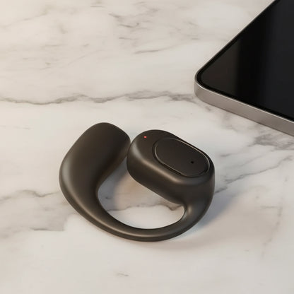 Black wireless earbuds on a blue surface with text about sound quality and charging methods.