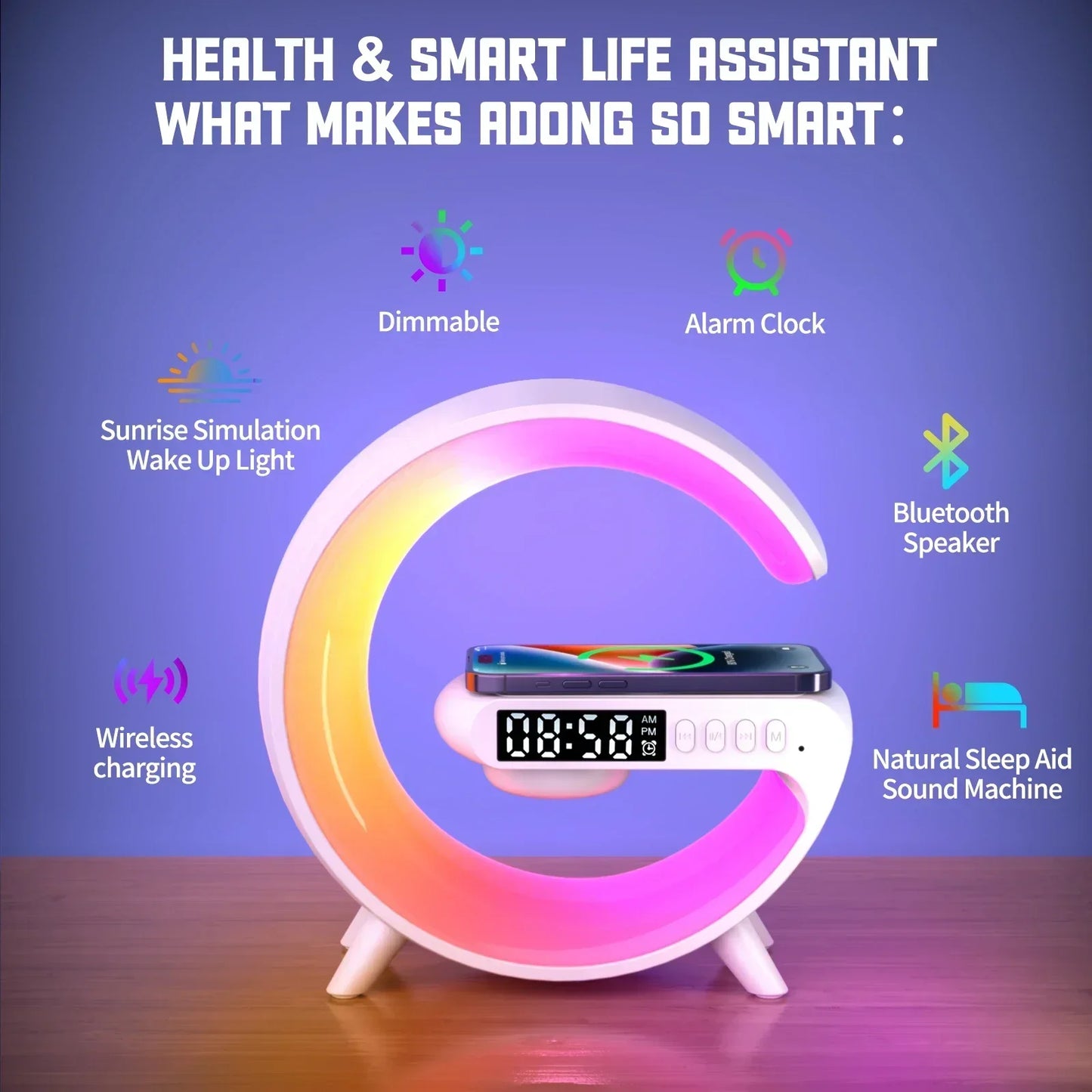 Vikefon Mini Wireless Charging Stand  RGB Light, Alarm Clock, Bluetooth Speaker & 15W Fast Charging