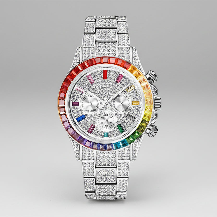 Luxury watch with a colorful bezel and diamond-studded band on a white background