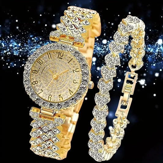 2PCS Luxury Rhinestone Ladies Watch Set with Bracelet