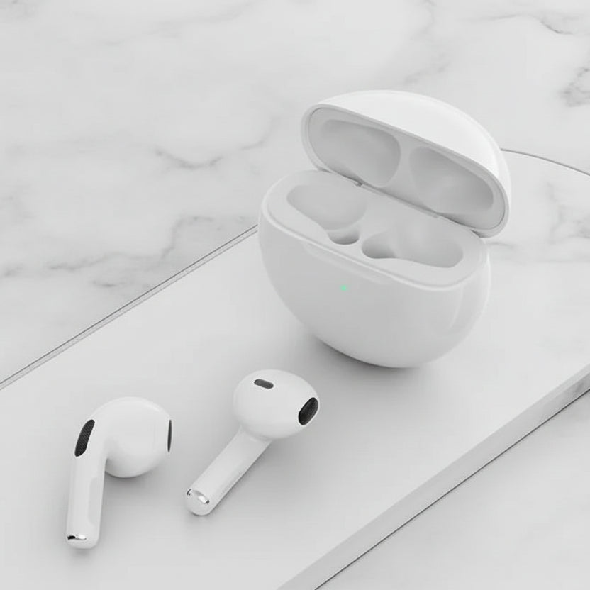 White wireless earbuds with charging case on a beige surface