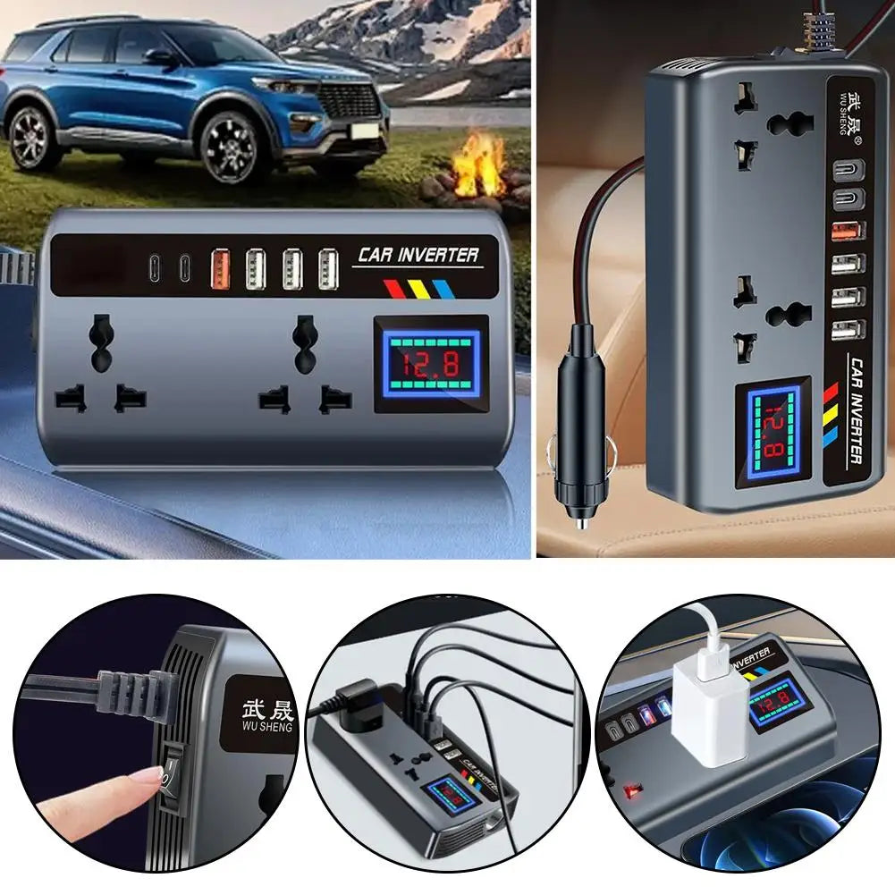 Portable Car Inverter Converter Fast Charging Ports Automotive Charger 12V/24V To 220V Inverter 3 USB Ports Vehicle Accessories