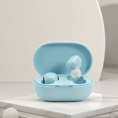 Blue wireless earbuds in charging case with text 'Compact and lightweight' on a light background