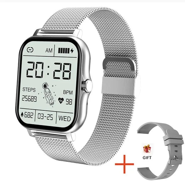 Silver smartwatch with digital display on a white background