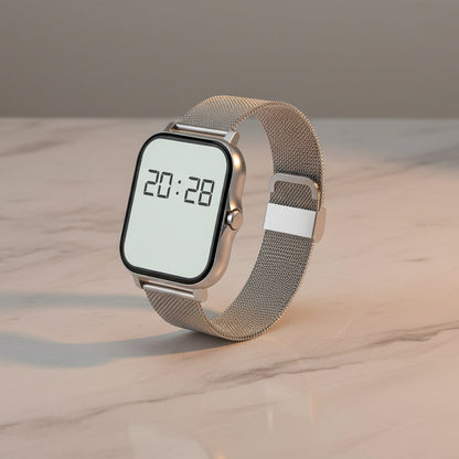 Silver smartwatch with digital display on a white background