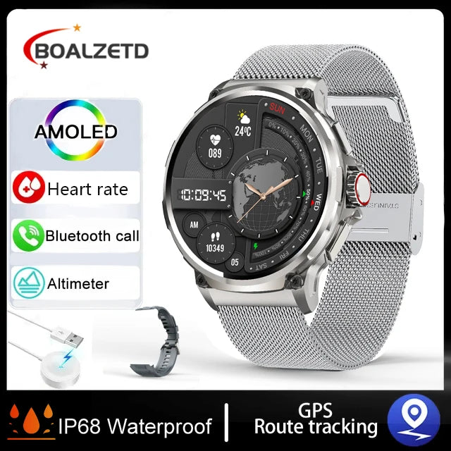 Silver smartwatch with features listed on a white background