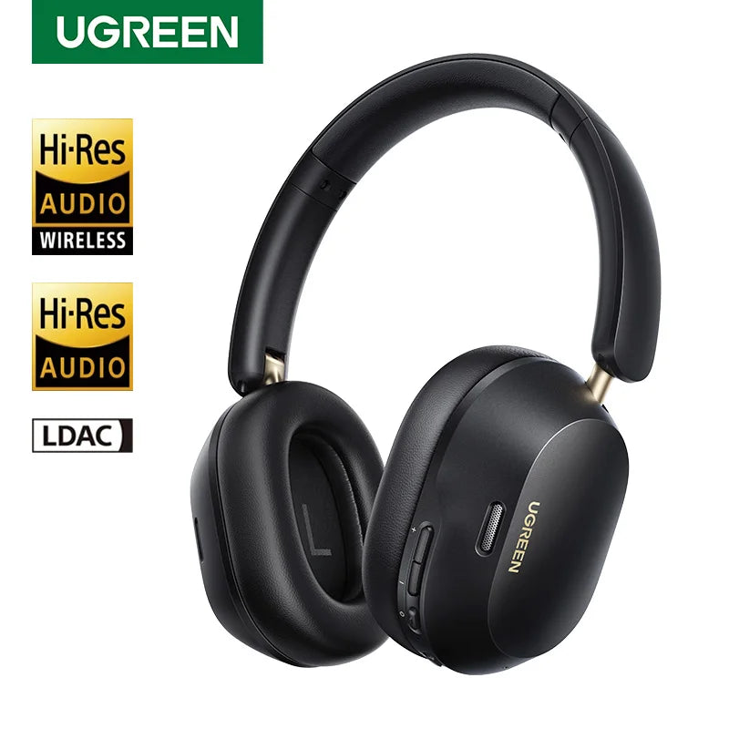Black UGREEN headphones with brand logo and feature badges on a white background