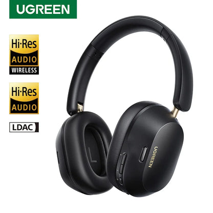 Black UGREEN headphones with brand logo and feature badges on a white background