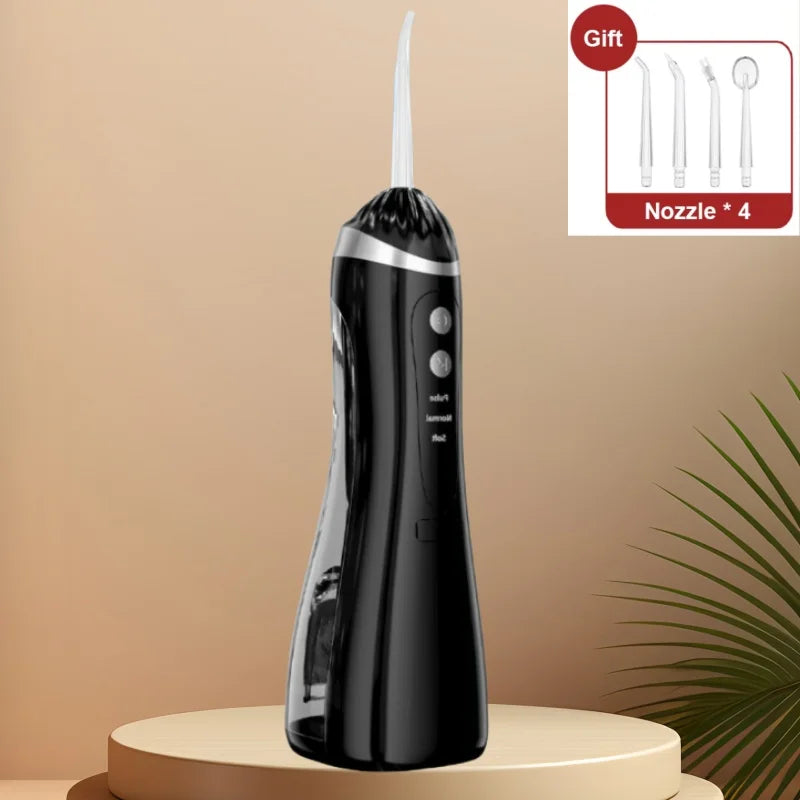 Black dental water flosser on a beige stand with a beige background