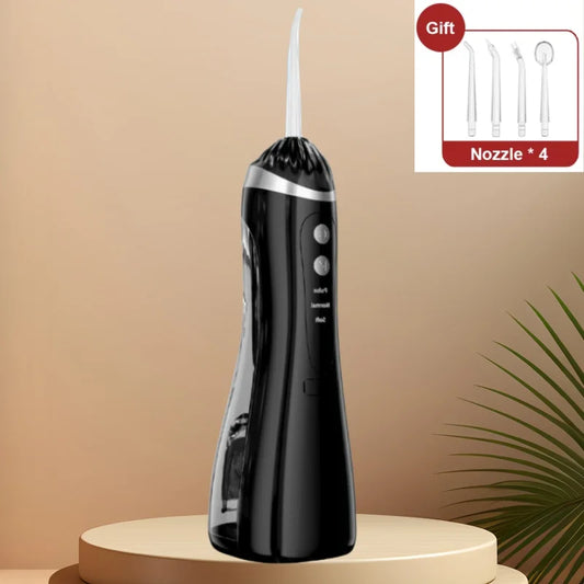 Black dental water flosser on a beige stand with a beige background