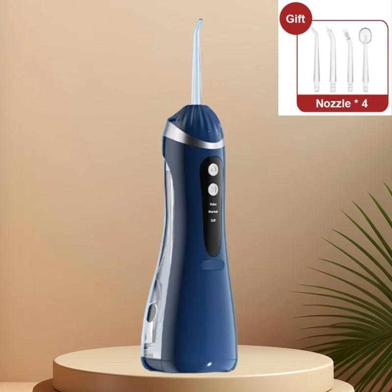 Blue dental water flosser on a beige stand with a beige background