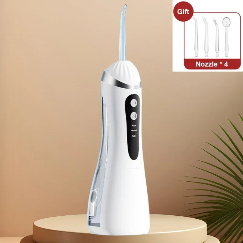 White dental water flosser on a beige stand with a beige background