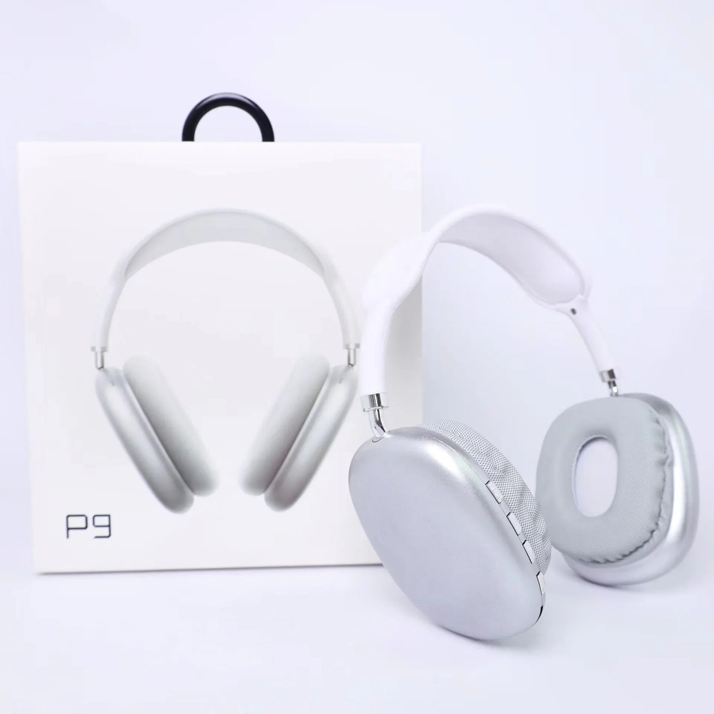 White headphones with 'P9' branding on a white background