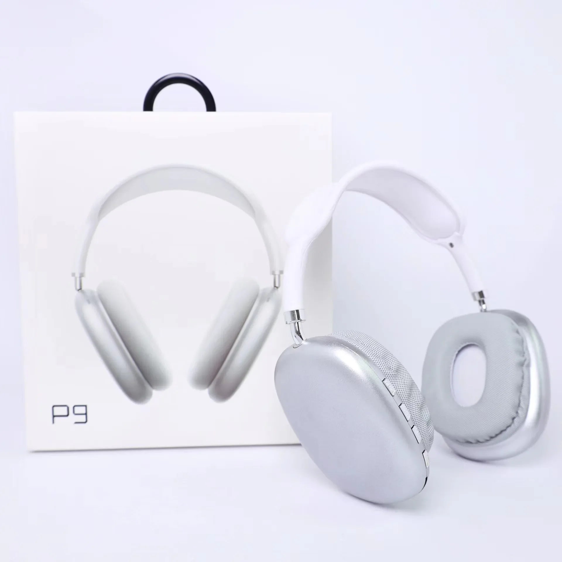 White headphones with 'P9' branding on a white background