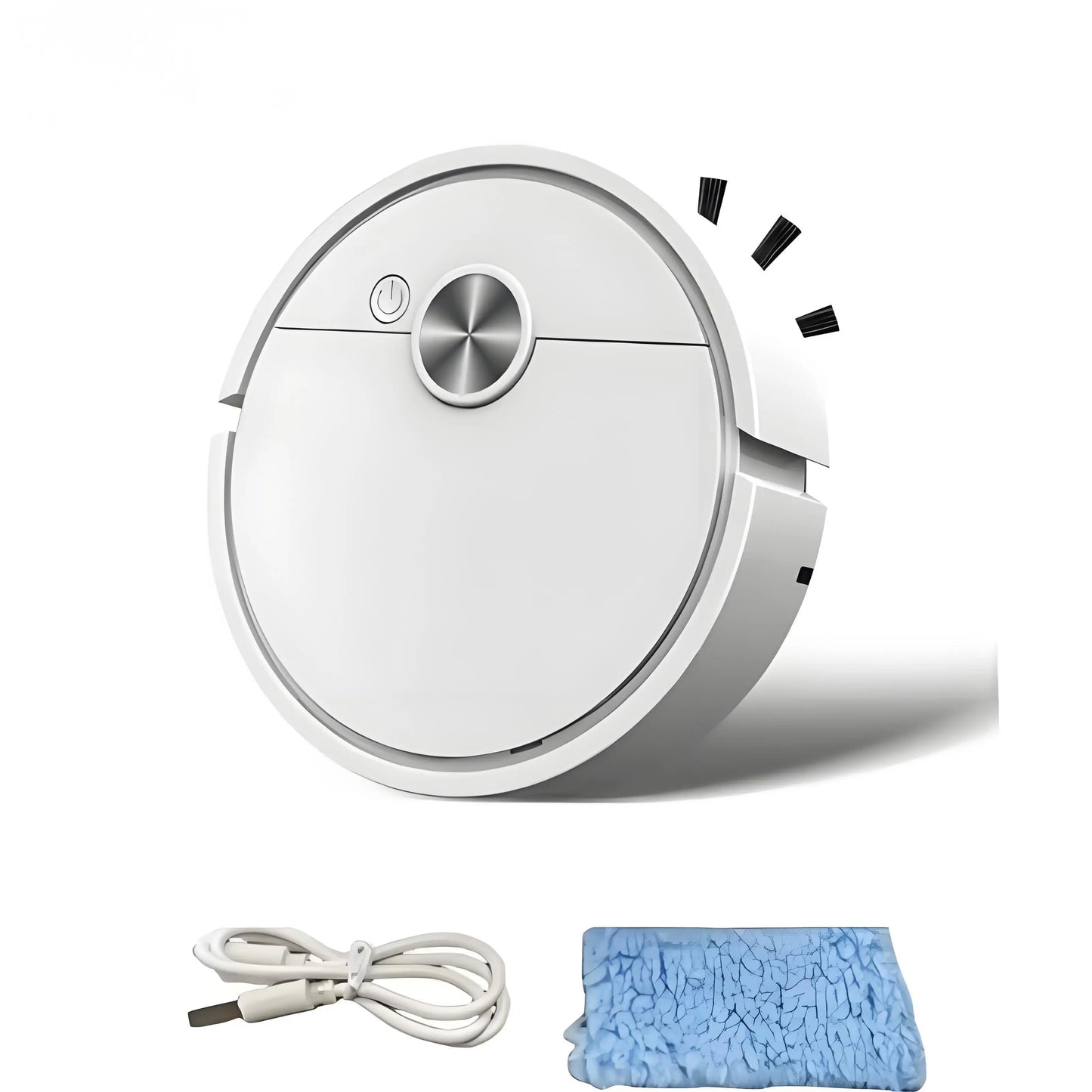 Robotic vacuum cleaner with a cable and microfiber cloth on a white background