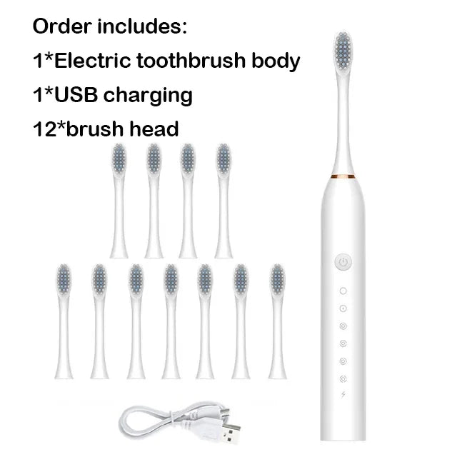 Electric toothbrush set with body, USB charging cable, and multiple brush heads on a white background.