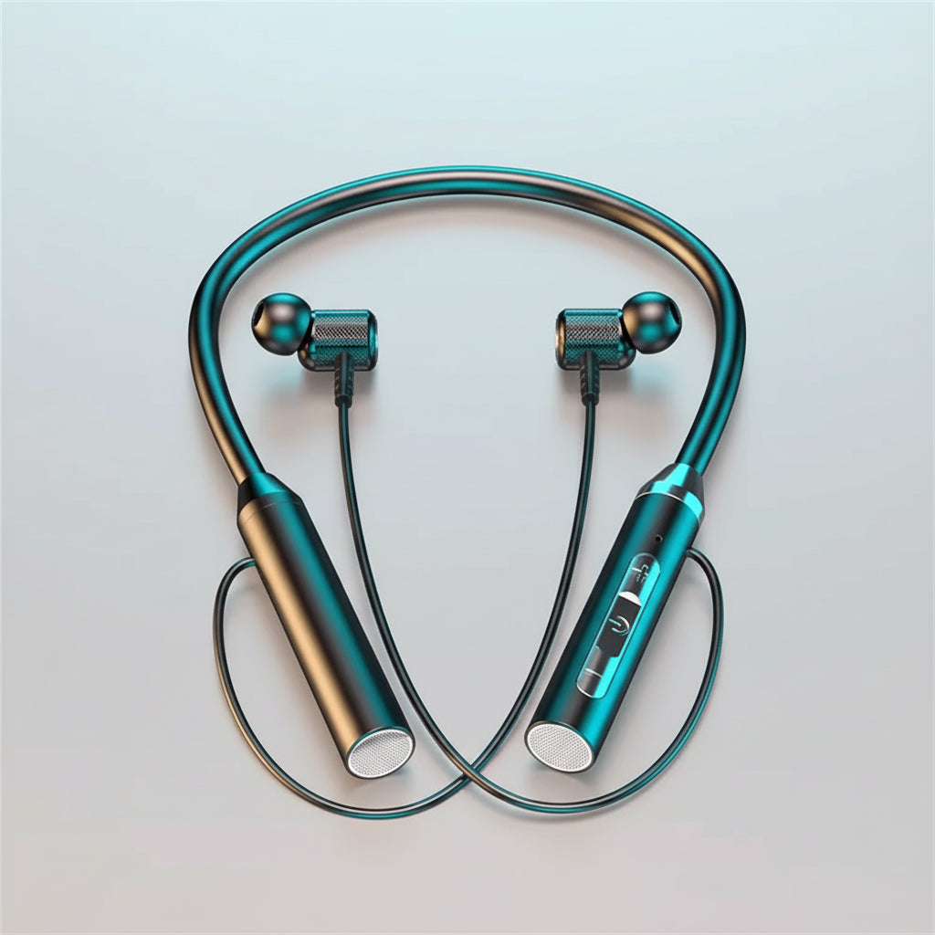Wireless earbuds with neckband on a gradient blue background, featuring '12D Stereo Surround' text.